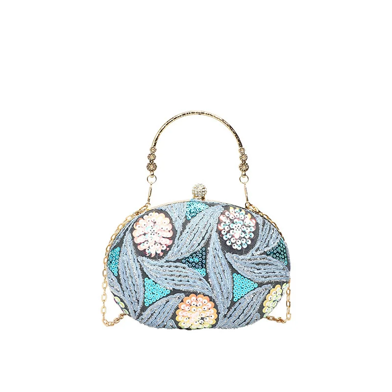 Spring New Chinese Style Evening Bag Mother's Bride/groom Fashion Sequins Handbags Retro Ellipse Clutch Purse Crossbody Chain