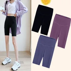 Pantalones cortos de motorista sin costuras para mujer, Shorts de cintura alta, ajustados hasta la rodilla, color negro, moda de verano