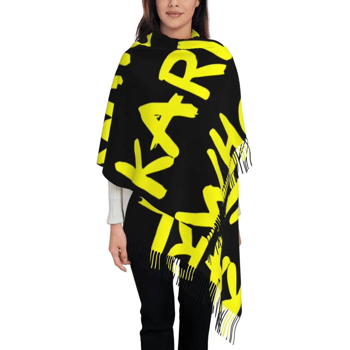 Custom Lady Long Yellow K-Karl Who Slogan Scarves Women Winter Fall Thick Warm Tassel Shawl Wrap Scarf