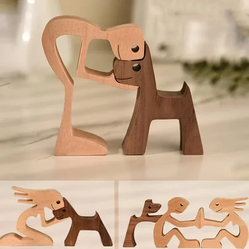 Creative Wooden Carving Human Dog Family Statue Home Room Decor Girl With Dog Wood Art Figurine Ornement Decor Gift for Your Cat