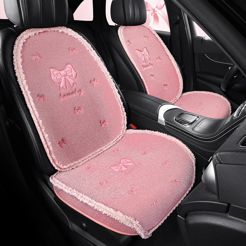 Pink Cute Car Seat Cover Women Universal Breathable Plush Bowknot Flower Seat Cushion Interior Protector Auto Accessories Pillow