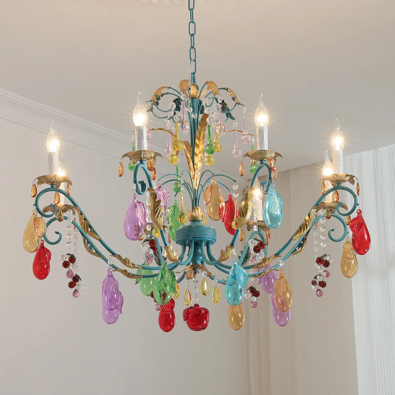 French Colored Crystal Glass Chandelier Children's Room Living Room Ironwork Fruit Chandelier Dining Room Lighting Indoor Decor