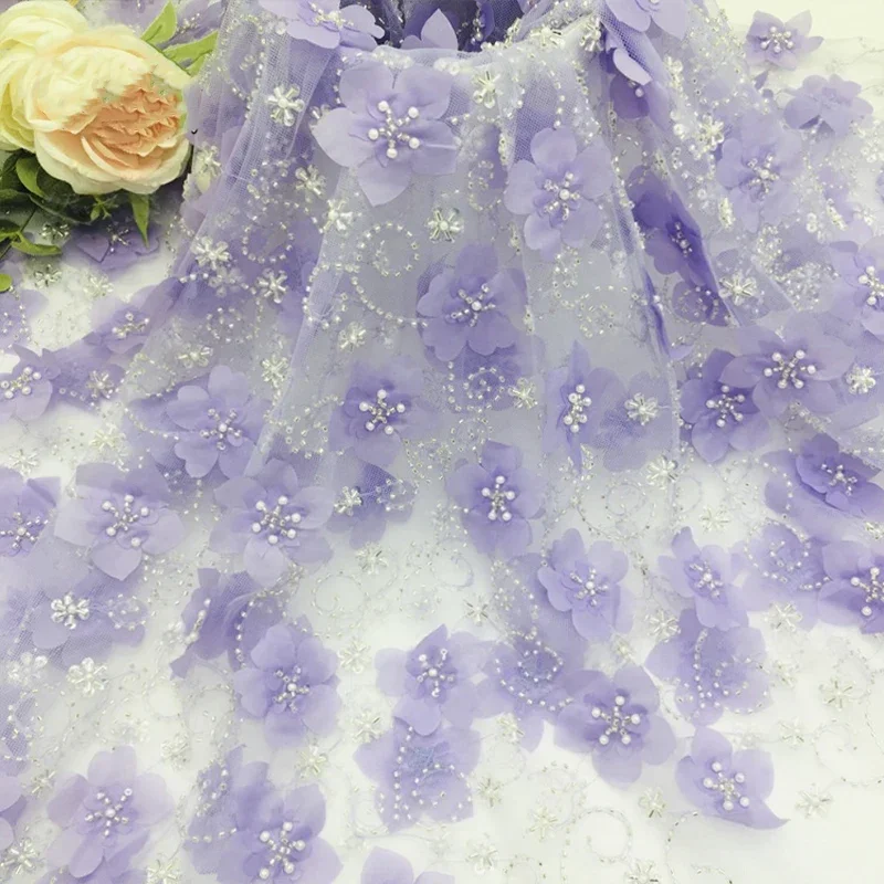 3D Plum Blossom Beaded Tube Embroidery Mesh Lace Fabric Fashion Wedding Dress Women Children Clothing DIY Sewing Tulle Fabric