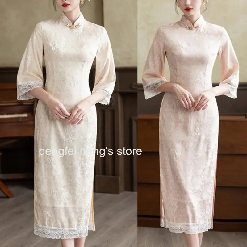 Women Chinese Style Mandarin Collar Lace Patchwork Qipao Dress Vintage Button Three Quarter Sleeve Elegant Casual Cheongsam