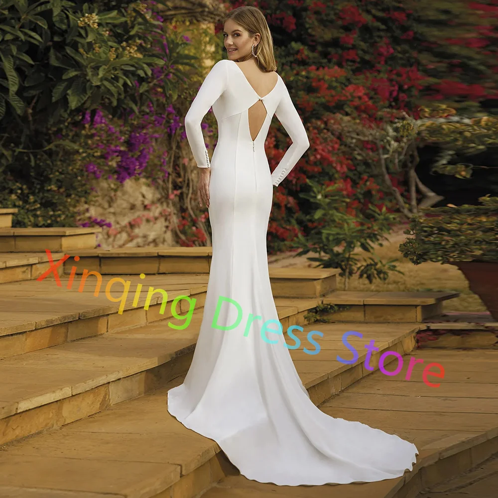 Pure White Boat Neck Mermaid Wedding Dresses Ladies Zipper Back Jersey Long Sleeves Court Train Bridal Gowns Vestidos De Novia