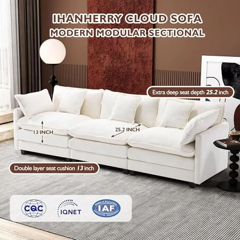 3-Seater Modular Sectional Cloud Sofa Double Layer Upholstered Living Room Couch High Elastic Sponge Solid Wood Frame