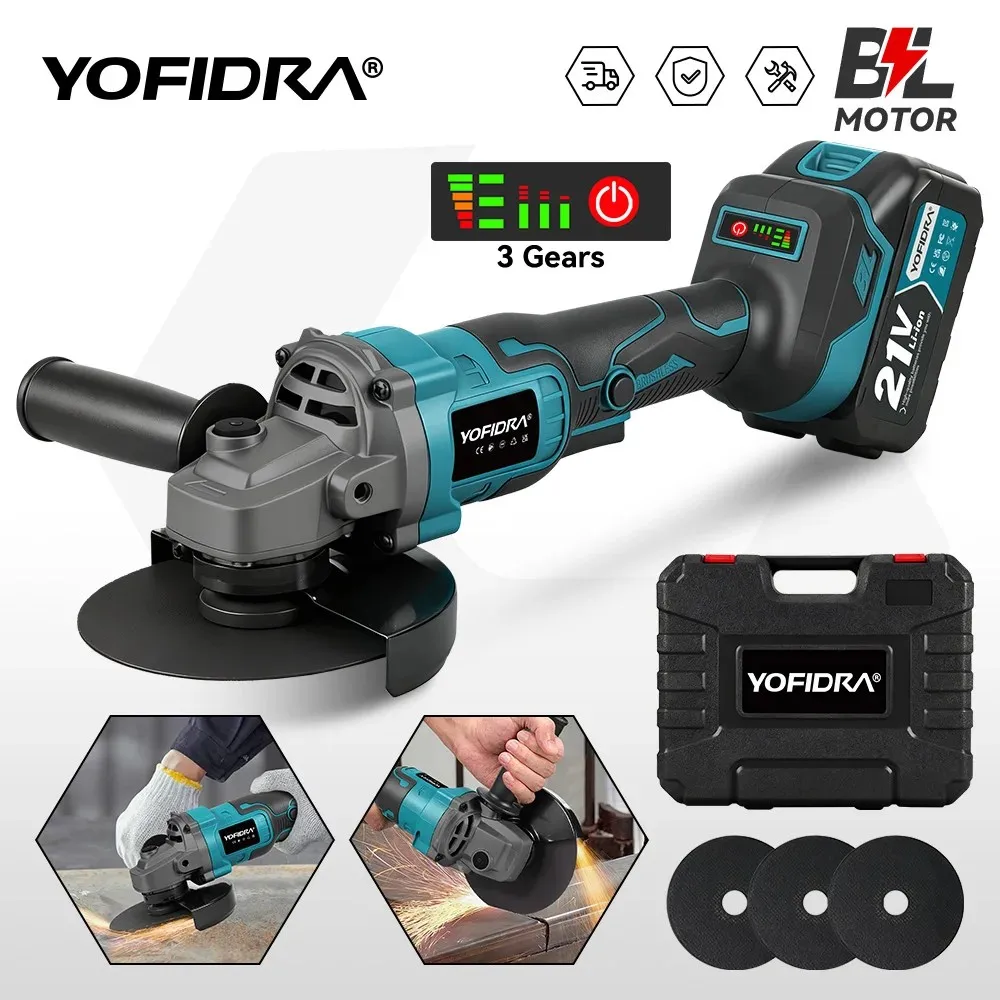 YOFIDRA 125mm meuleuse d'angle électrique sans brosse 3 vitesses M14 meulage du bois polissage outil de coupe pour Makita 21V batterie broche