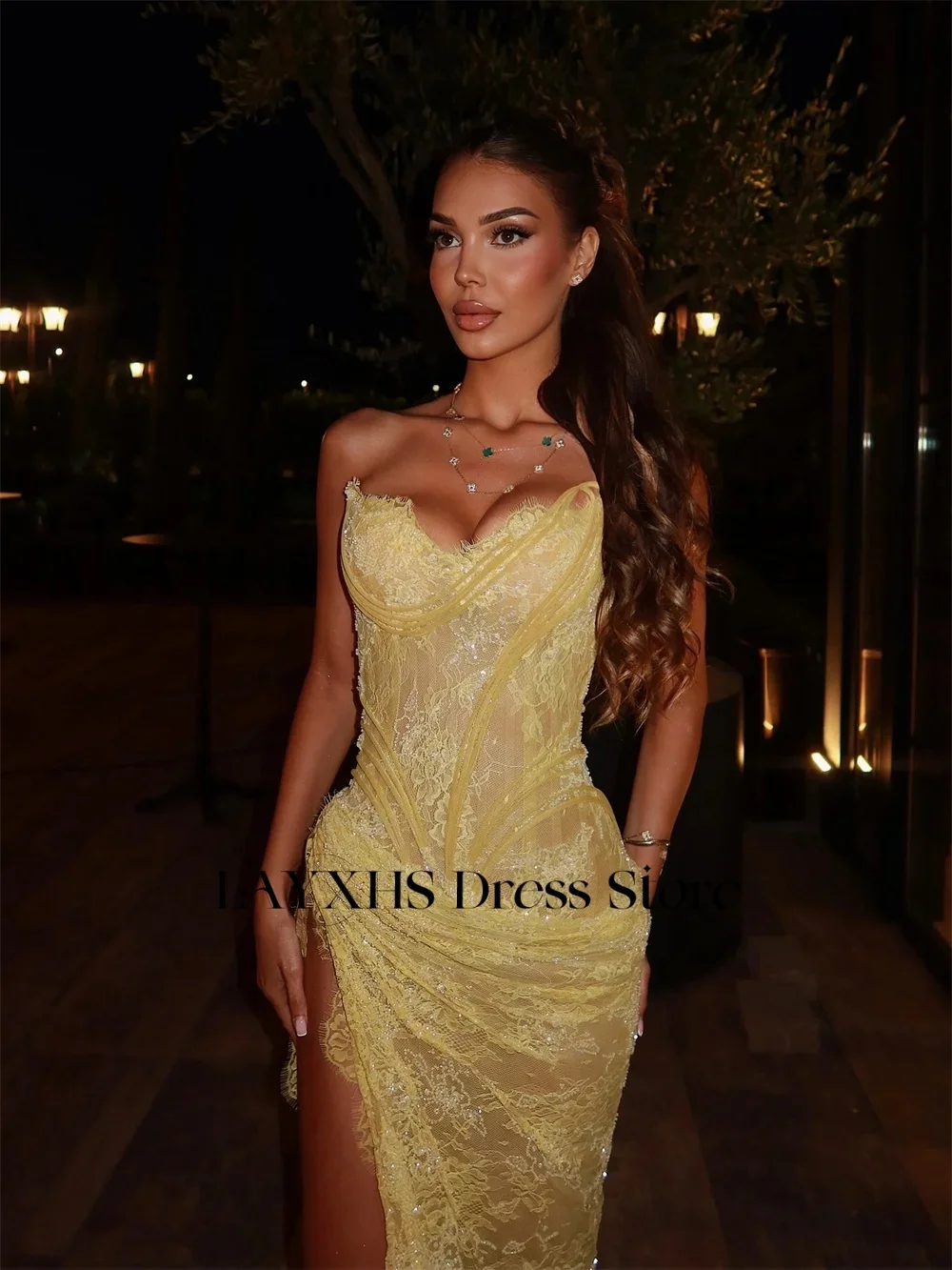 LAYXHS Sexy Vestidos de Noite de Renda Amarela Querida Sereia Fenda Lateral Vestidos de Baile de Festa Personalizados فساتmavera