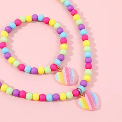 Makersland Heart Necklaces For Girl Cute Pendants Accessories Jewelry Sets Children Gift Fashion Colorful Beads Bracelet For Kid