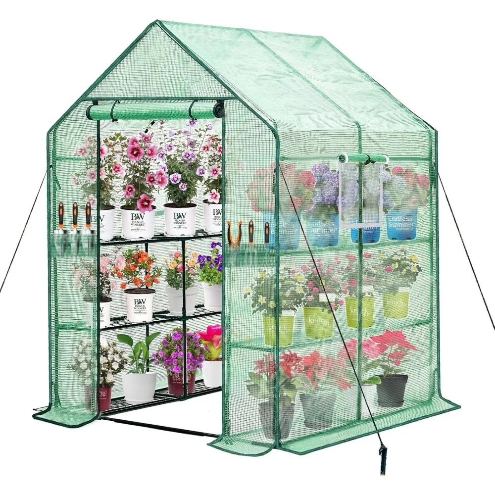 

Walk-in Greenhouse w/ Roll-Up Zipper Door & Screen Windows-3 Tiers 12 Shelves 56x56x76“ PE Greenhouse for Outdoor Gardening Plan