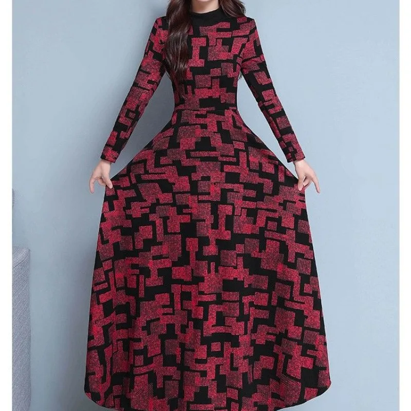 

Spring Autumn Women's Round Neck Printing Geometric Midi Graphic Abstract Office Lady Long Sleeve Elegant Casual Loose Dress