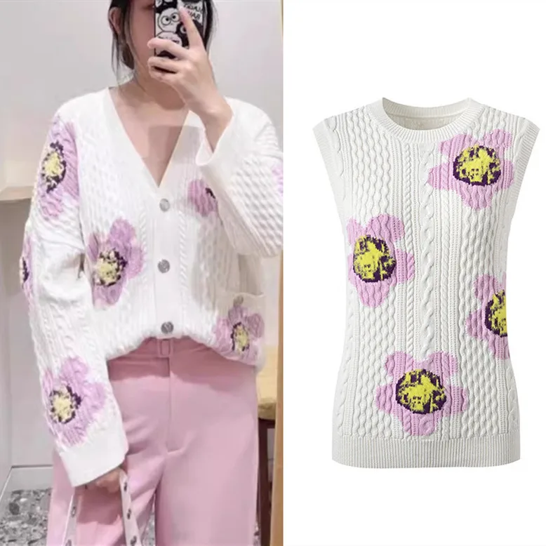 

Ele European Sle Sweet Floral round Ne Svel Knitted Cardigan Top And Vest Set for Women Faionable Two-Piece Suit