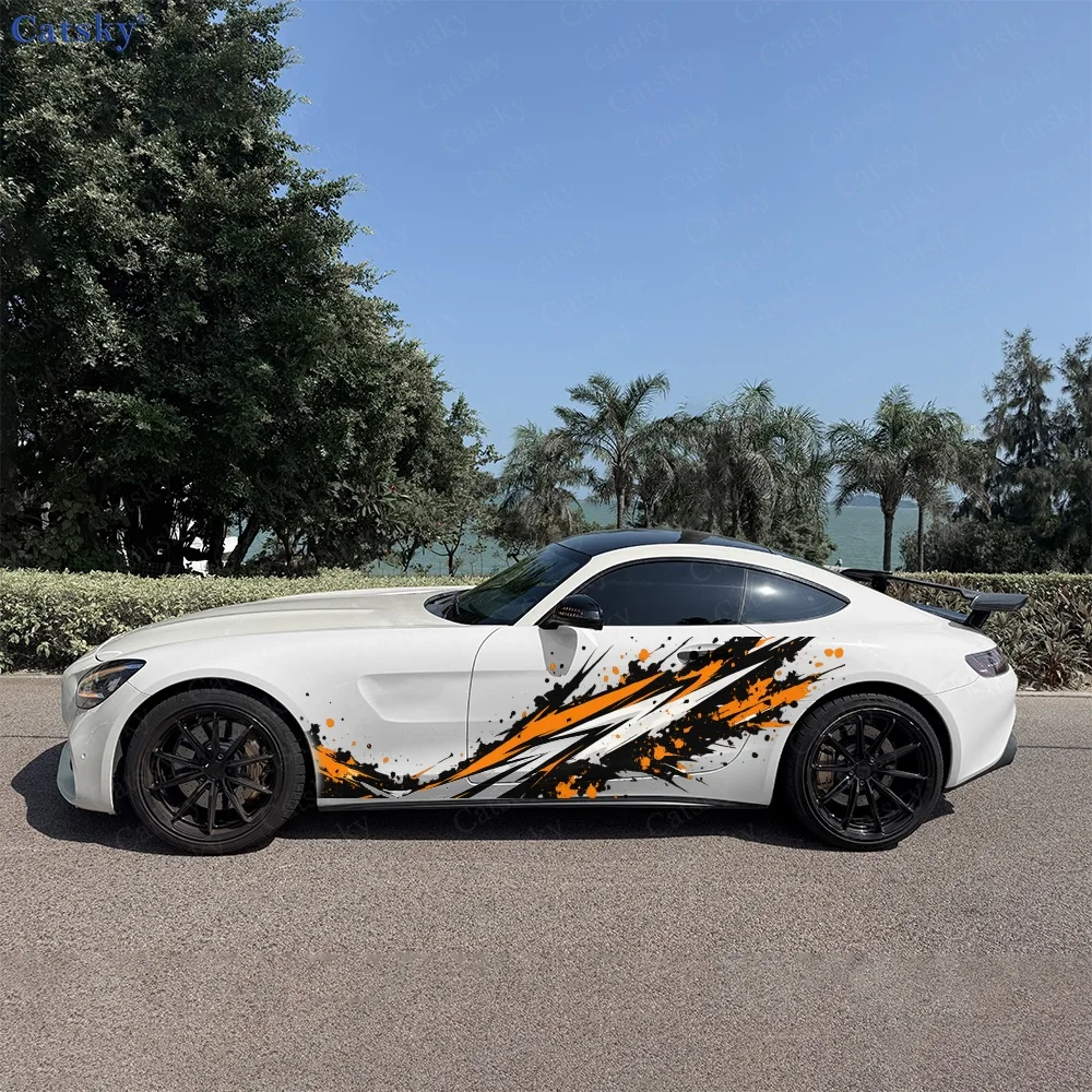 2Pcs Orange and Black Splatter Design Car Body Side Stickers, Automotive Door Side Graphics for Cars, Car Decoration Accessory