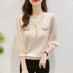 2023 Autumn Women's New Fashion Small Fragrance Style 3/4 Sleeve Top V-Neck Undercoat Yarn Sleeve Ice Silk Knitted Top