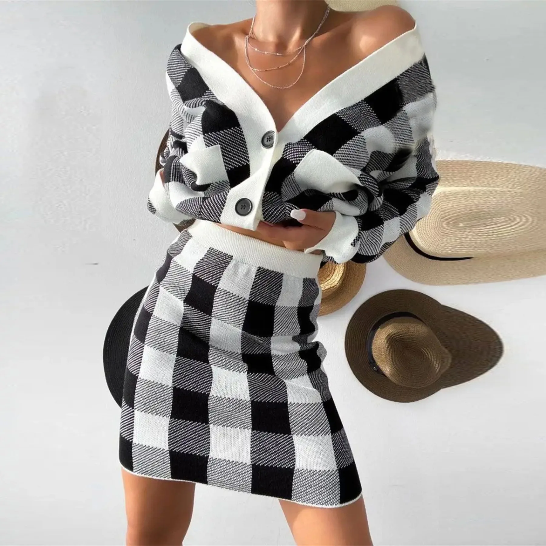 2024 Women's Small Fragrant Style Single Breasted Checkered Knitted Sweater Cardigan Wrap Hip Skirt Two Piece Set