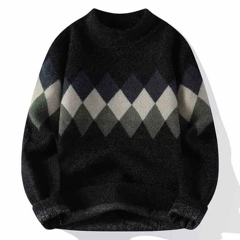 Contrast Color Argyle Checkered Men' S Clothing Round Neck Autumn Winter Pullover Long Sleeve Sweater Knitted Thick Korean Tops