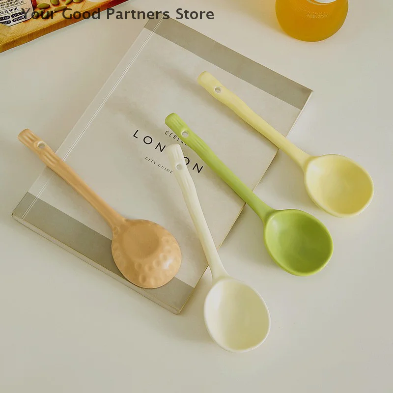 Candy Color Long Handle Ceramic Simplicity Irregular Dessert Soup Spoon Cutlery Portable Kitchen Utensils Supplies