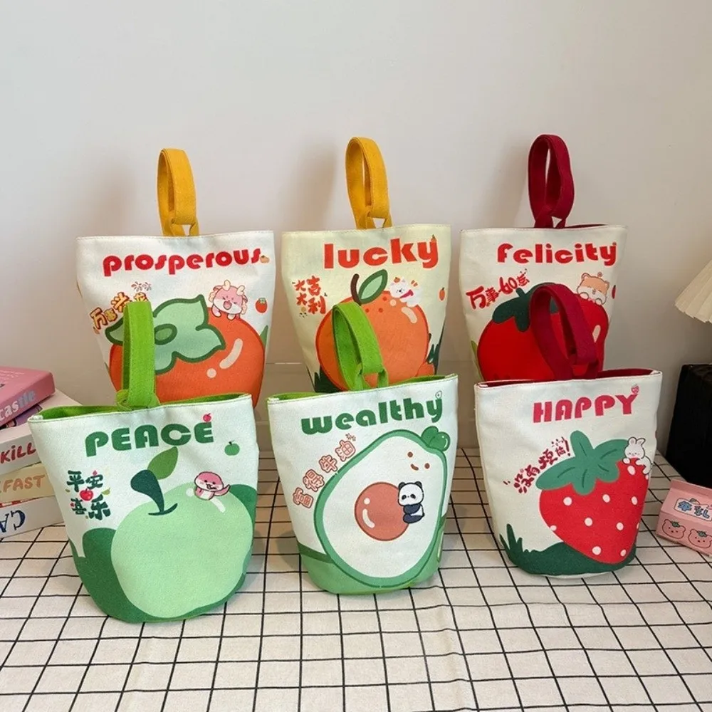 Cute Fruit Print Canvas Bucket Bag Small Lightweight Lunch Bag Portable Storage Pouch Picnic