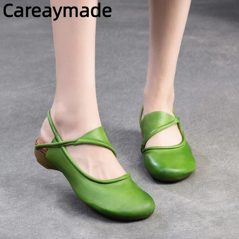 

Careaymade-Summer New Genuine Leather Round Toe Comfortable Fashion Low Heel Sandals Casual Versatile Women's flat Shoes Green