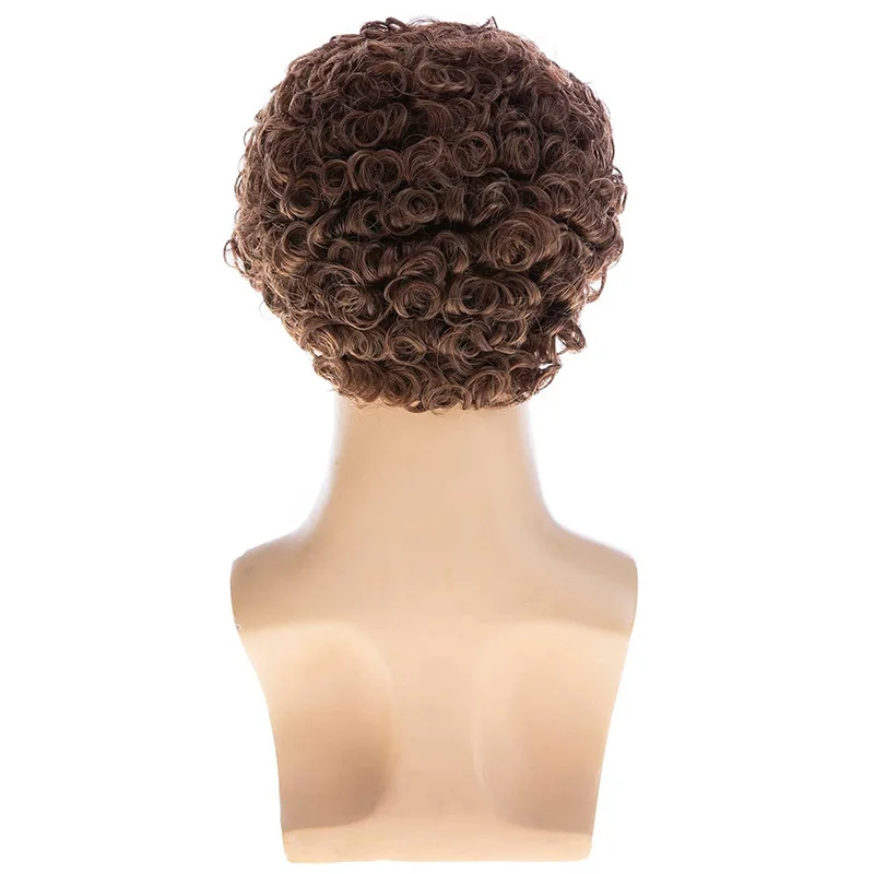 Man Daily Dress Up Headwear Wool Perm Short Hair Evening Party Suit Match Brown Small Roll Headgear Ball Man Ear Length Hair Wig