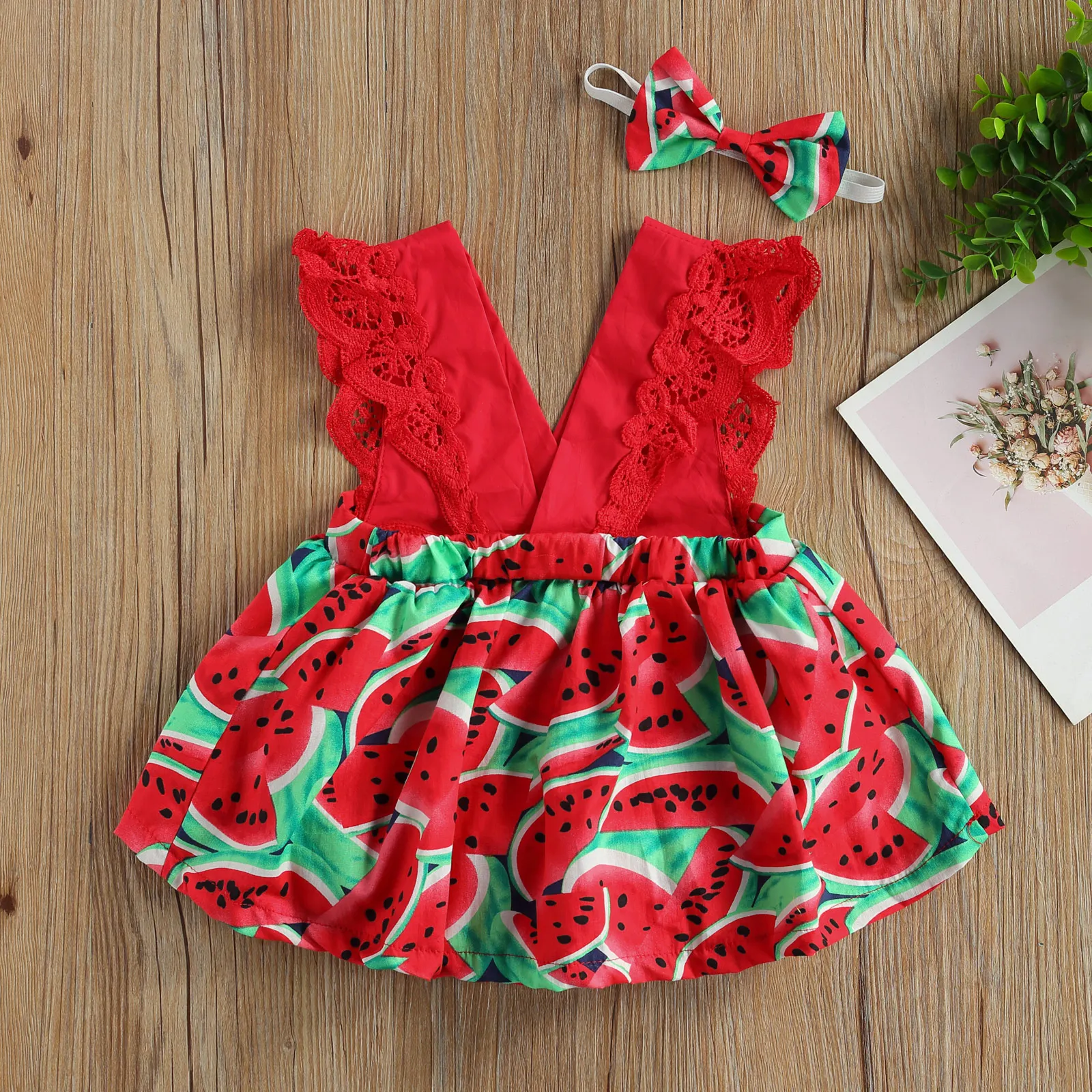 Infant Baby Girls Romper Dress Watermelon Print Lace Patchwork Sleeveless V-neck Jumpsuit Bowknot Headband Summer Clothes Outfit