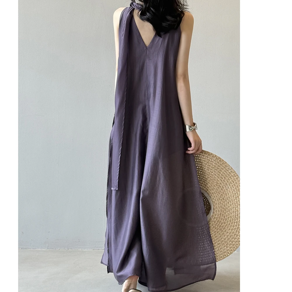 2025 New Arrival Sleeveless Halter Neck Women Summer Loose Style Elegant Long Dress Lyocell Boho Maxi Dress Vestidos Clothes