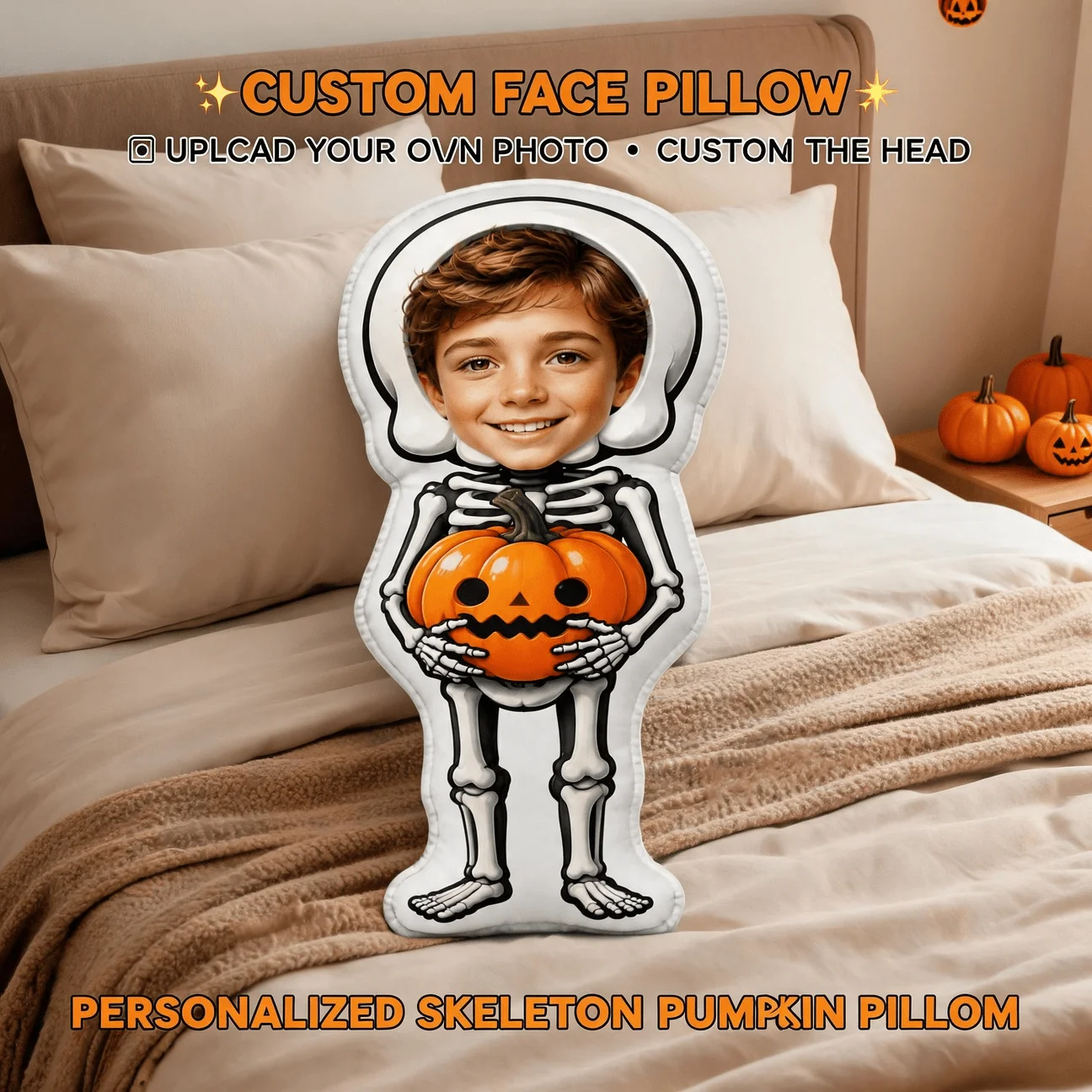 Custom Photo Skeleton Costume Shaped Pillow, Personalized Face Holding Pumpkin Decorative Cushion, Unique Halloween Home Decor A