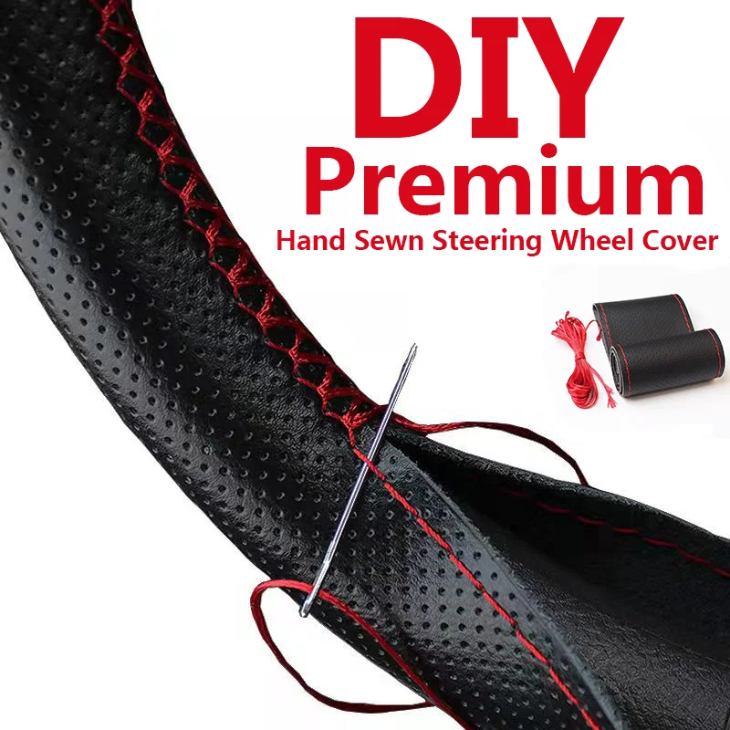 Hight Quality leather Material Car Steering Wheel Cover 38cm Sweat-Absorbent Anti-slip Hand Sewing Steering Wheel Braid Thread