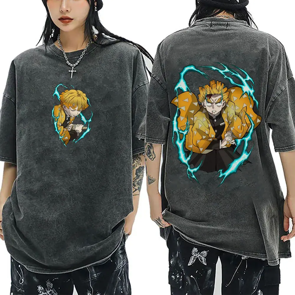 

Limited Anime Demon Slayer Agatsuma Zenitsu Washed Vintage T-shirts Men Women Cartoon Fashion Oversized Short Sleeve T Shirts