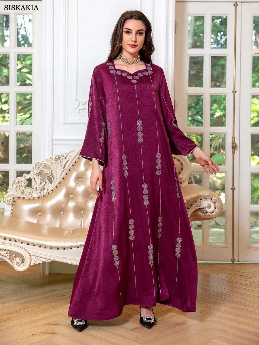 Siskakia Muslim Eid Women Abayas Fashion Satin Diamonds Long Dresses Turkish African Kaftan Clothing Moroccan Casual Kebaya 2024