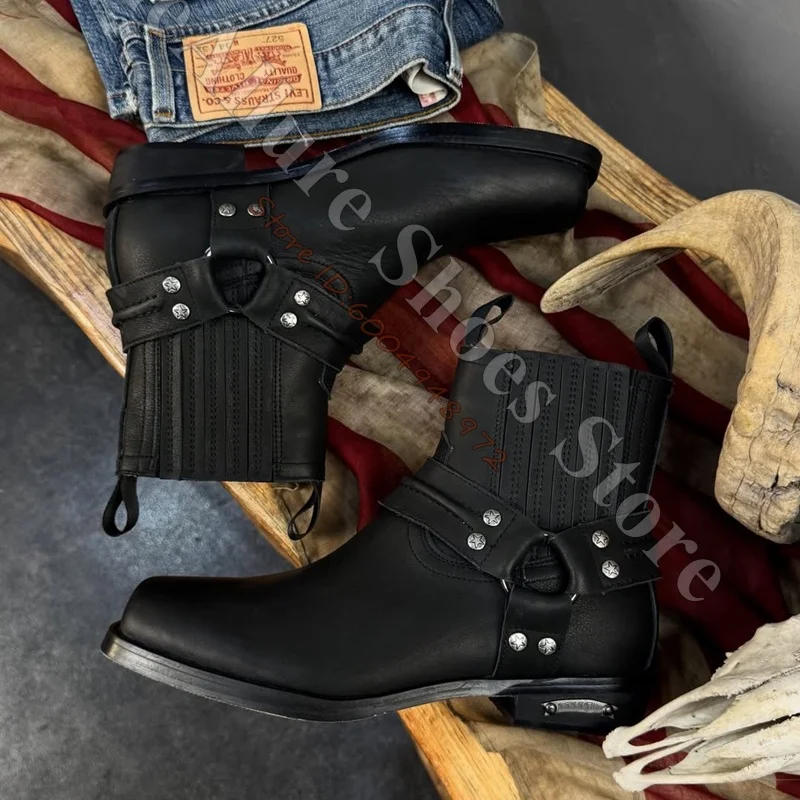Botas de Tobillo Estilo Vaquero Retro para Hombre, Botas Occidentales de Cuero Liso Negro con Punta Cuadrada, Cinturón de Arnés y Remaches Plateados, Tacón Bajo