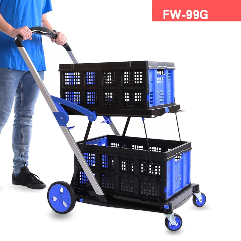 New Double Decker Folding Carts Lightduty Aluminum Shopping Carts with Storage Crate 1 basket/2 baskets/3 baskets