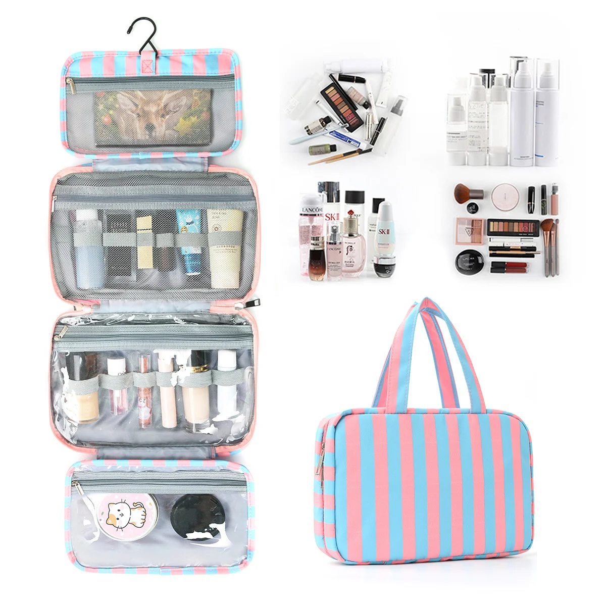 Striped hook-style makeup bag with four compartments, striped travel business trip large-capacity foldable toiletry bag, multifu