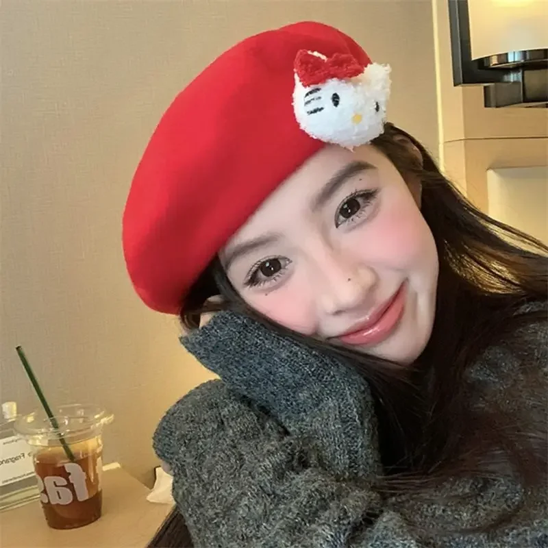 Y2K Hello Kitty Berets Hat Women Sanrio Anime Kawaii Autumn Winter Cartoon Thin Embroidery Girl Sweet Birthday Girlfriend Gift