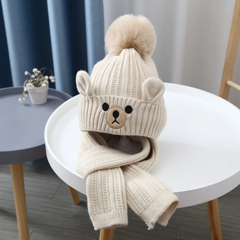 All-match Plush Bear Children Scarf Hat Set Cartoon Warm Wool Beanie Cute Knitting Warm Knitted Cap Boy