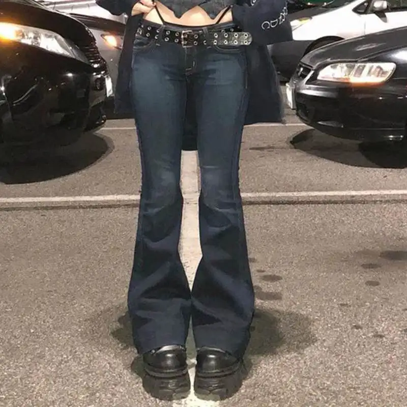 Retro 2000s Low Rise Skinny Flared Jeans Y2K Women's Fashion High Waist PU Leather Pants Classic Style Autumn Collection
