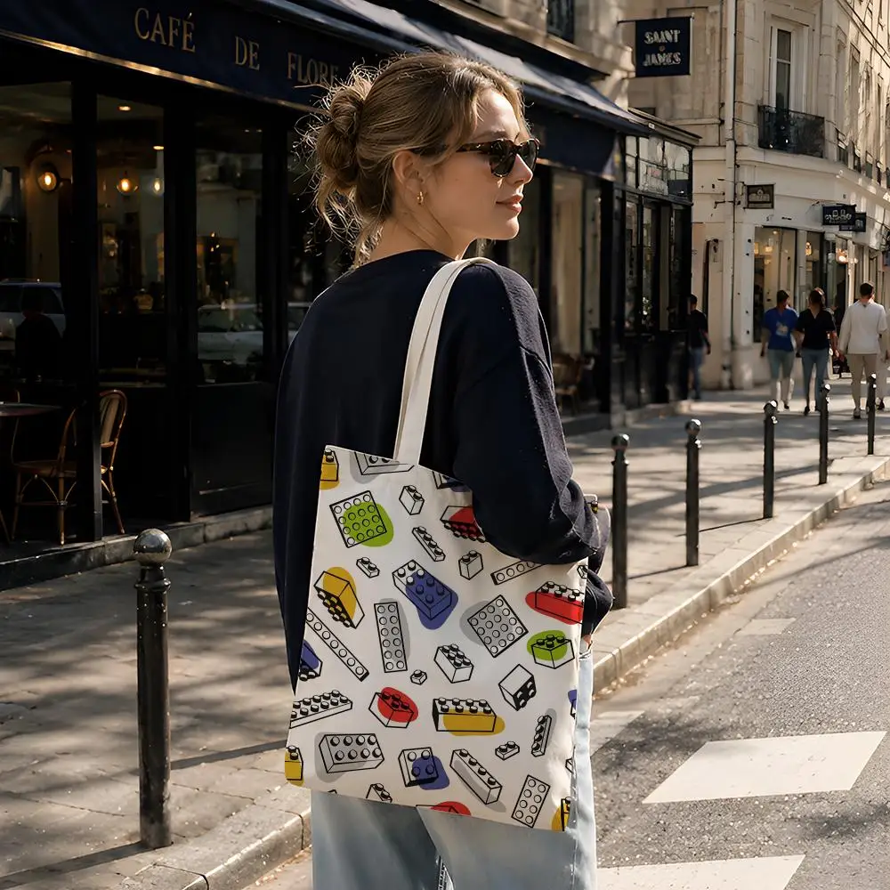 Toy L-LEGO b-bricks Storage Bags Reusable Canvas Tote Suitable for School Class Commuting Shopping as Gifts