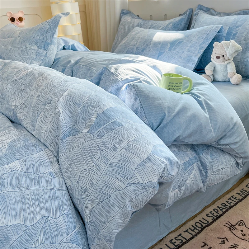 2025 New 100 Cotton with Bed Cover Jet Small Fresh Blue Duvet Cover Skin Friendly Breathable Bedding AB Version Double-sided Use