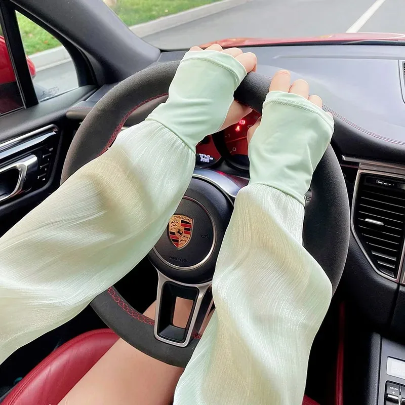 Manicotto in raso di seta luccicante da donna, maniche staccabili morbide e lucide, polsino decorativo con protezione solare, copertura del braccio con design a fiocco di lusso