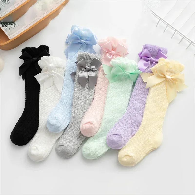 Baby Girls Socks Toddlers Bow Long Sock Kids Knee High Soft Mesh Spanish Style Hollow Out Lace Stocking Infant Thin Solid Sock