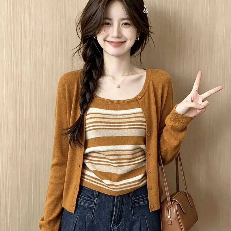Women Korean Retro Knit Two Piece Set Solid Cardigan And Striped Cami Top Gentle Casual Autumn Outfit