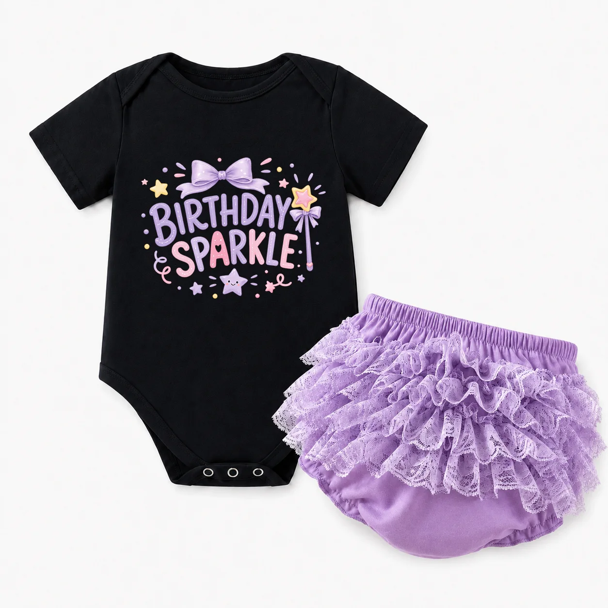 Infant Girl Birthday Sparkle Romper Purple Lace Tutu Skirt Set 1 Year Old Smash Cake Photoshoot Birthday Party Outfit