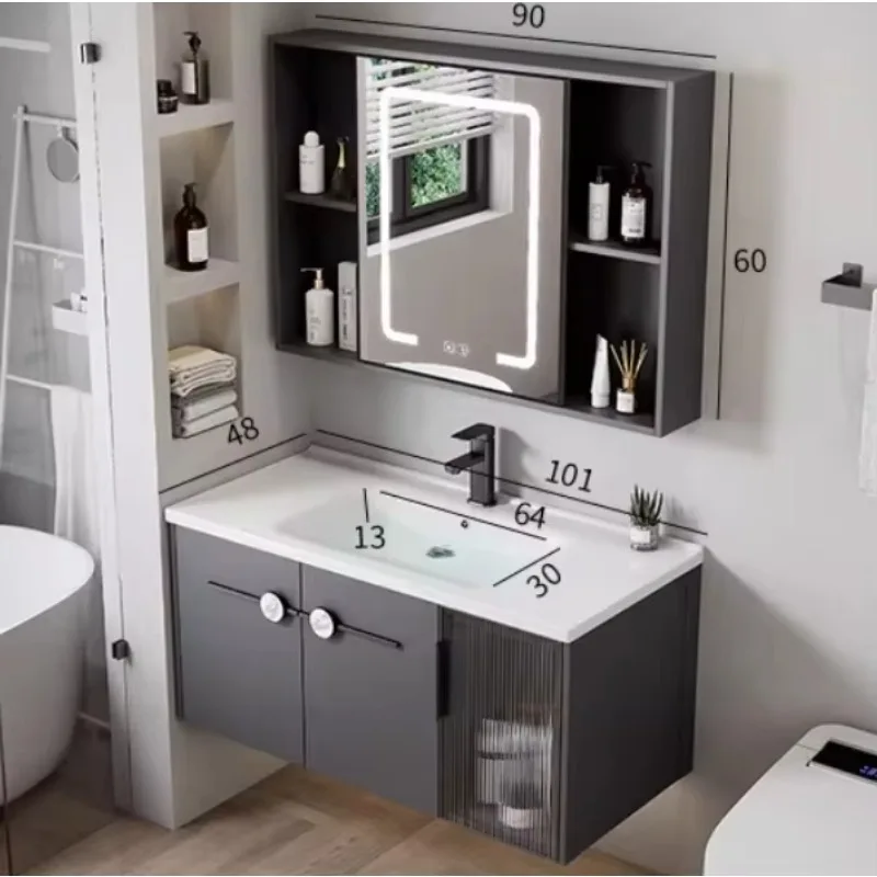 Modern Smart Mirror LED Lacquer Finish Aluminum Bathroom Cabinet Set Ceramic Basin Wall-Mounted Design For Home Hotel/Villa Use