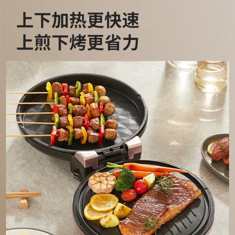Electric griddle, household use, double-sided heating, independent temperature control, for frying and grilling.