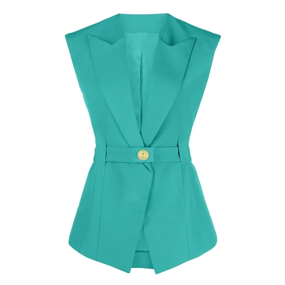 Sky Blue Chic One Button Blazer Vest for Women V-neck Notched Suits Jacket Sleeveless Vest Spring Summer Lapel Shirt Coat Korean