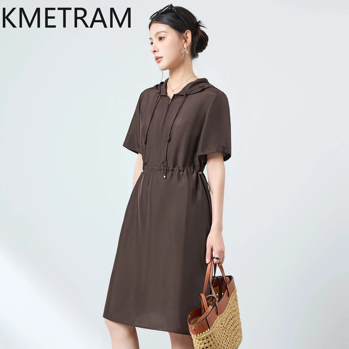 KMETRAM 100% Real Mulberry Silk Dresses for Women Hooded Midi Dress Drawstring Waist Casual Summer Frocks Woman Clothes 2026 원피스