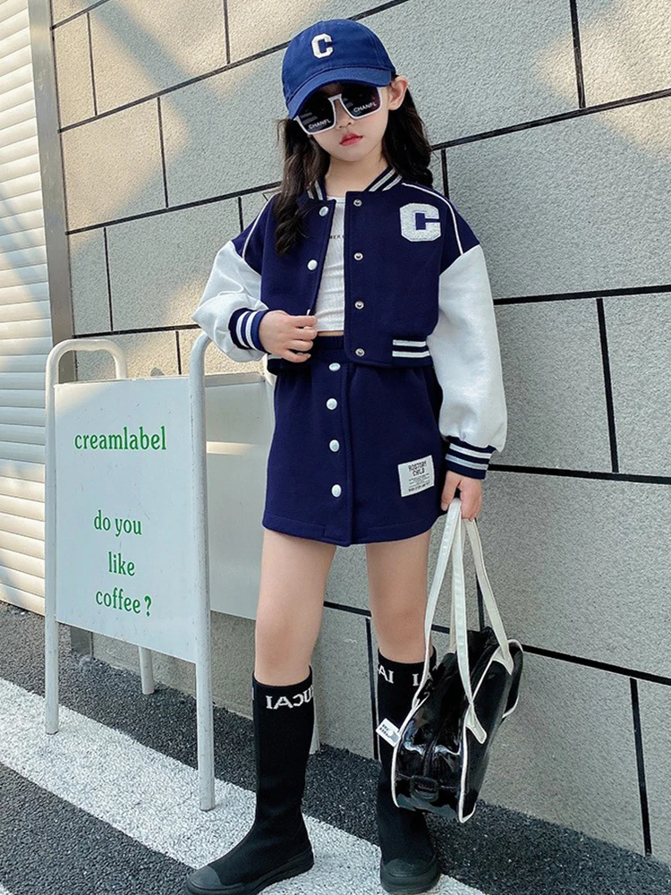 Baseball Coats+Slim Skirt 2Pcs Clothing Sets Spring Autumn Teen Girls Fashion Sports Outfits Kids Letter Print Tracksuit 3-14 Y