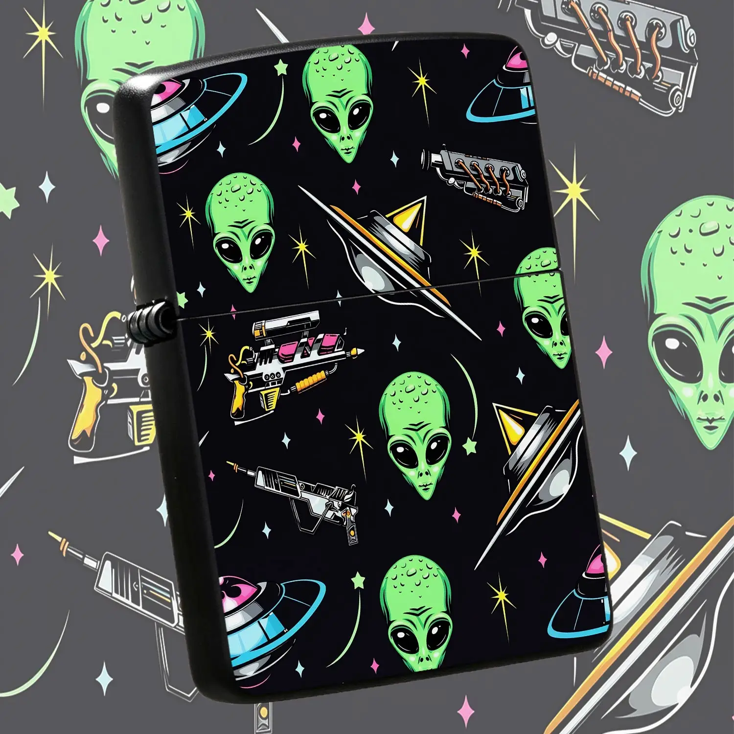 Exotic Alien Themed Lighter, Trendy Space UFO Blaster Full Print Design, PORTABLE Stylish Daily Carry Accessory, Ideal Gift For Sci Fi Enthusiasts, Cool Unique Cosmic Pattern Decor, Suitable For All Scenarios, Fun Coll A Humorous And Intere