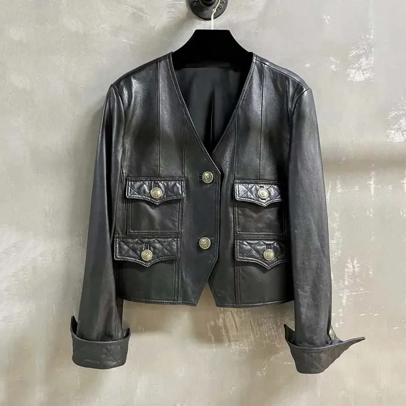 V-Neck Collar Coat Spring Women 2025 New Fashion Vegetable Tanned Sheepskin Pocket Decoration Grand And Fashionable