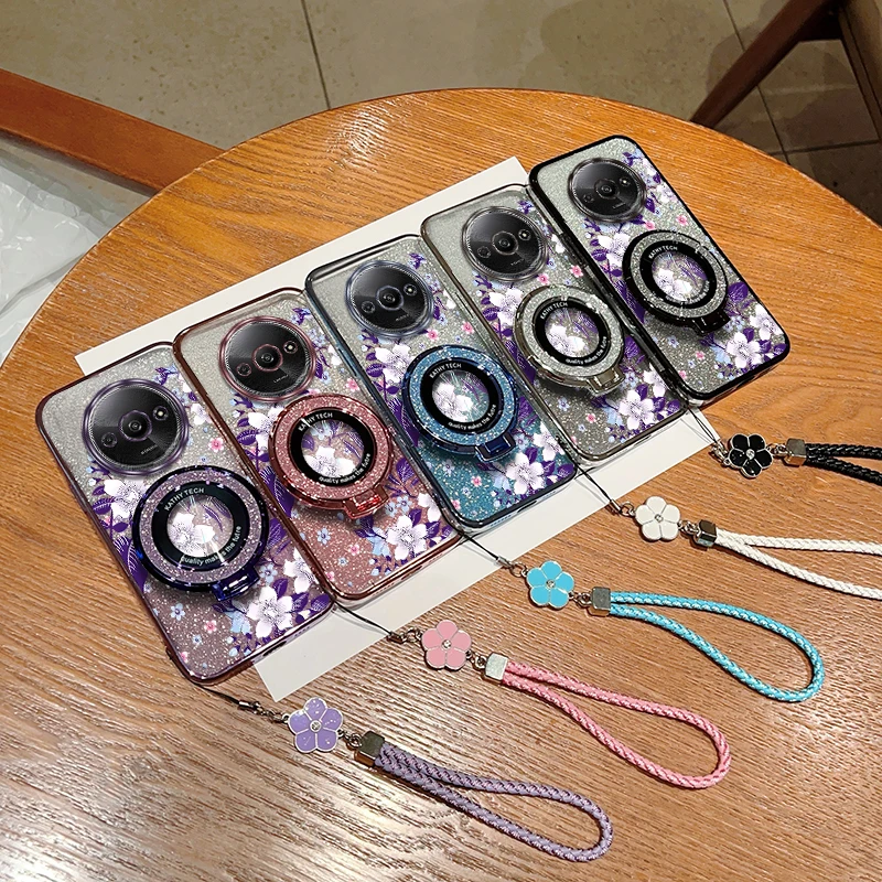 A3 Purple flowers Plating Bracelet Holder Phone Case For Xiaomi Redmi A3 9C A1 A1Plus 9 A3X 9i A4 A2 9AT 9A Turbo 3 4 Cover